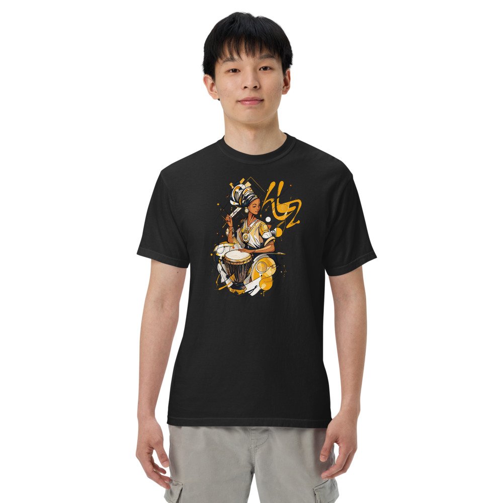 Ink & Gold Drummer graphic tee, Heavy T in Black, worn by a man