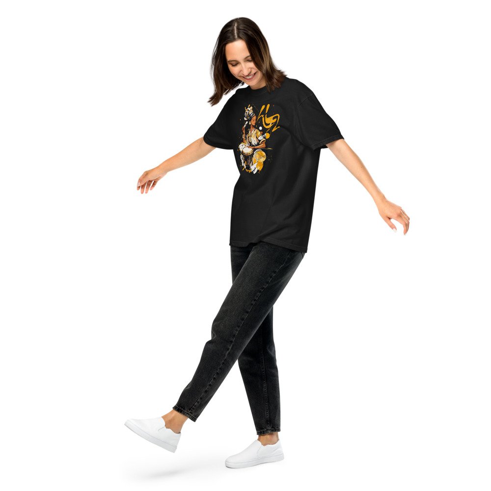 Ink & Gold Drummer graphic tee, Heavy T in Black, worn by a woman