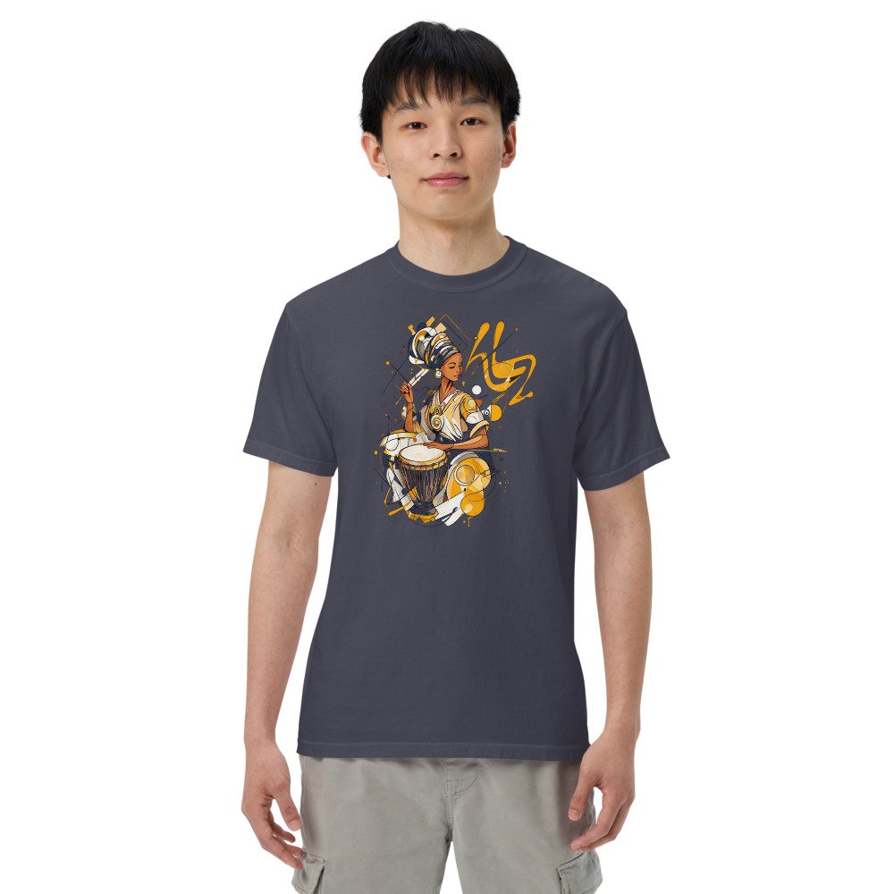 Ink & Gold Drummer graphic tee, Heavy T in Navy, worn by a man