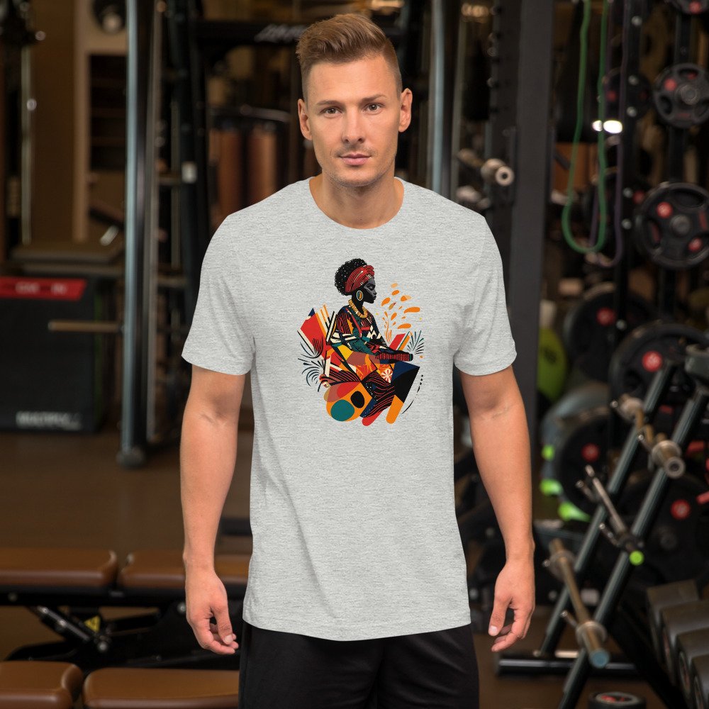 Palm Leaf Beat graphic tee, Fitted T in Grey, worn by a man