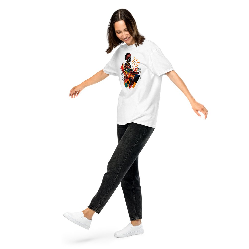 Palm Leaf Beat graphic tee, Heavy T in White, worn by a woman