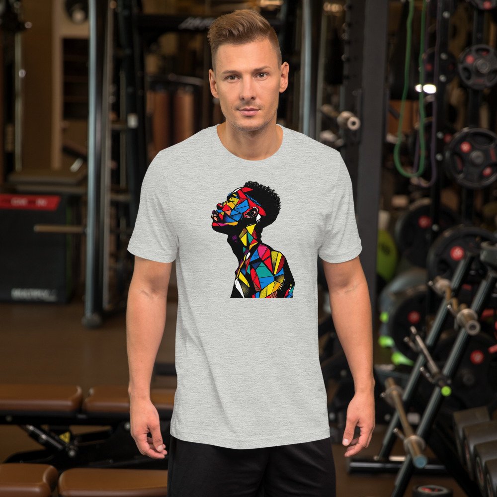 Patchwork Pride graphic tee, Fitted T in Grey, worn by a man