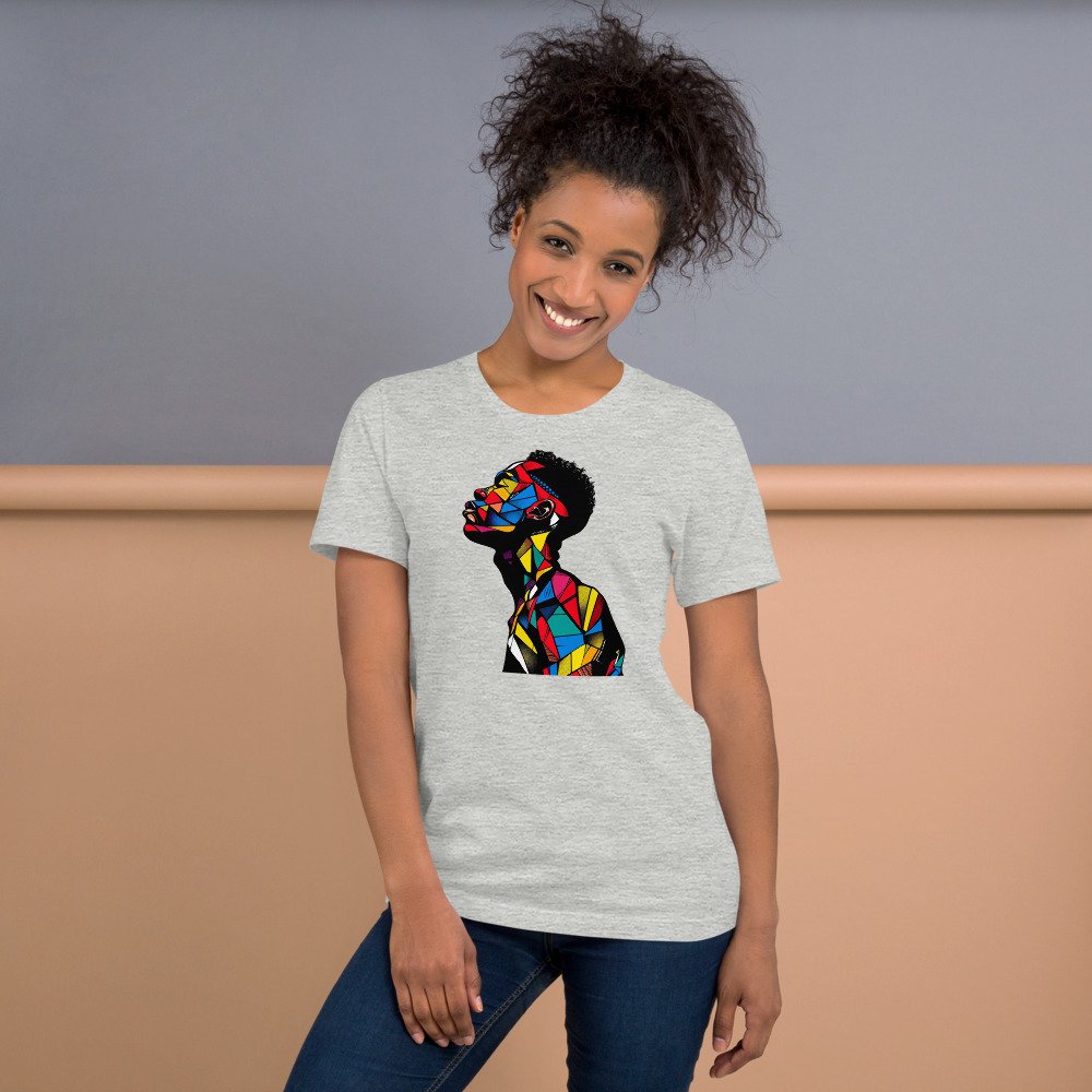 Patchwork Pride graphic tee, Fitted T in Grey, worn by a woman