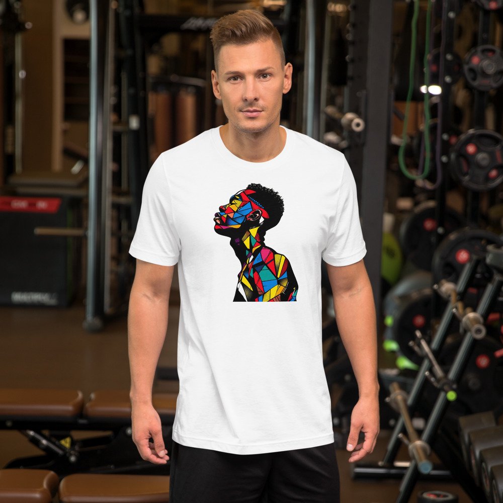 Patchwork Pride graphic tee, Fitted T in White, worn by a man