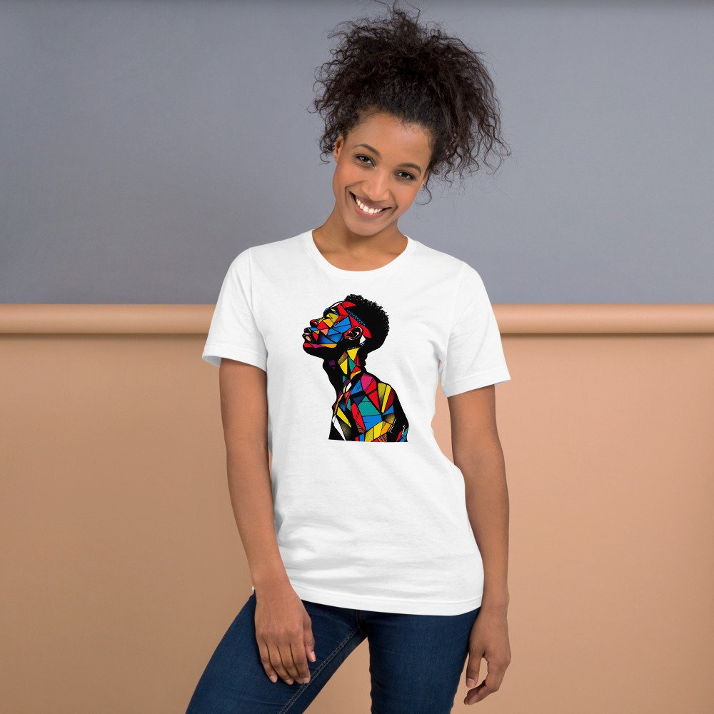 Patchwork Pride graphic tee, Fitted T in White, worn by a woman
