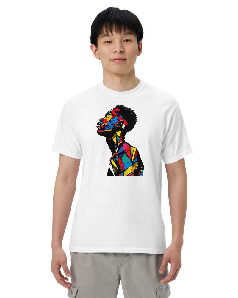 Patchwork Pride graphic tee, Heavy T in White, worn by a man