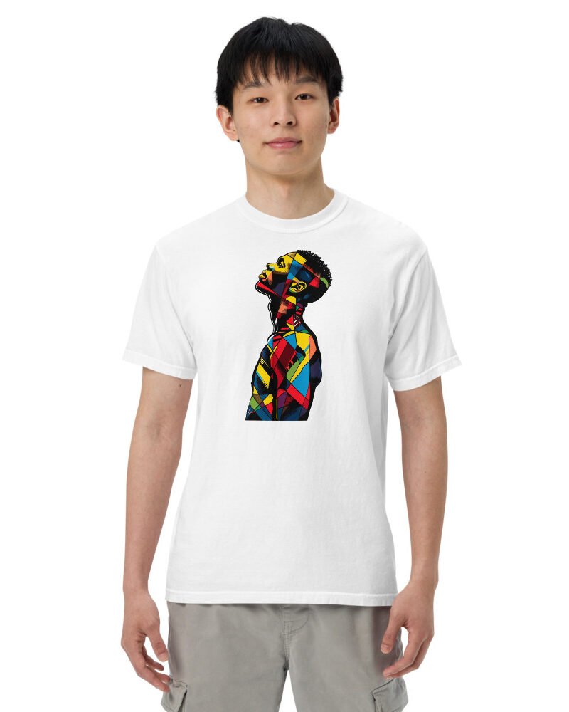 Stained Glass Stride graphic tee, Heavy T in White, worn by a man