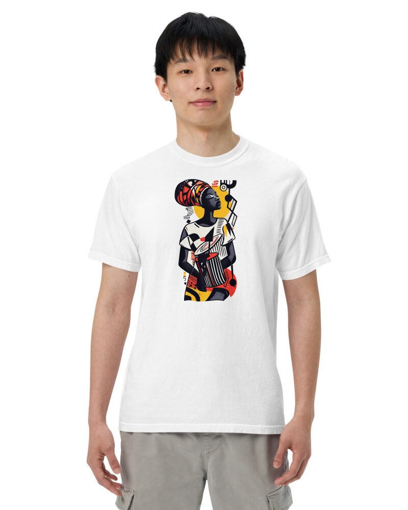 Stripes & Gele graphic tee, Heavy T in White, worn by a man
