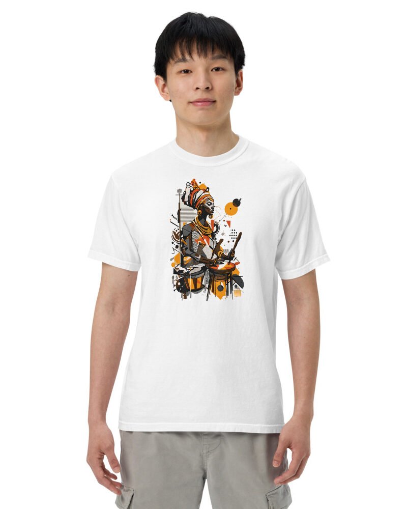 Studio Drummer graphic tee, Heavy T in White, worn by a man