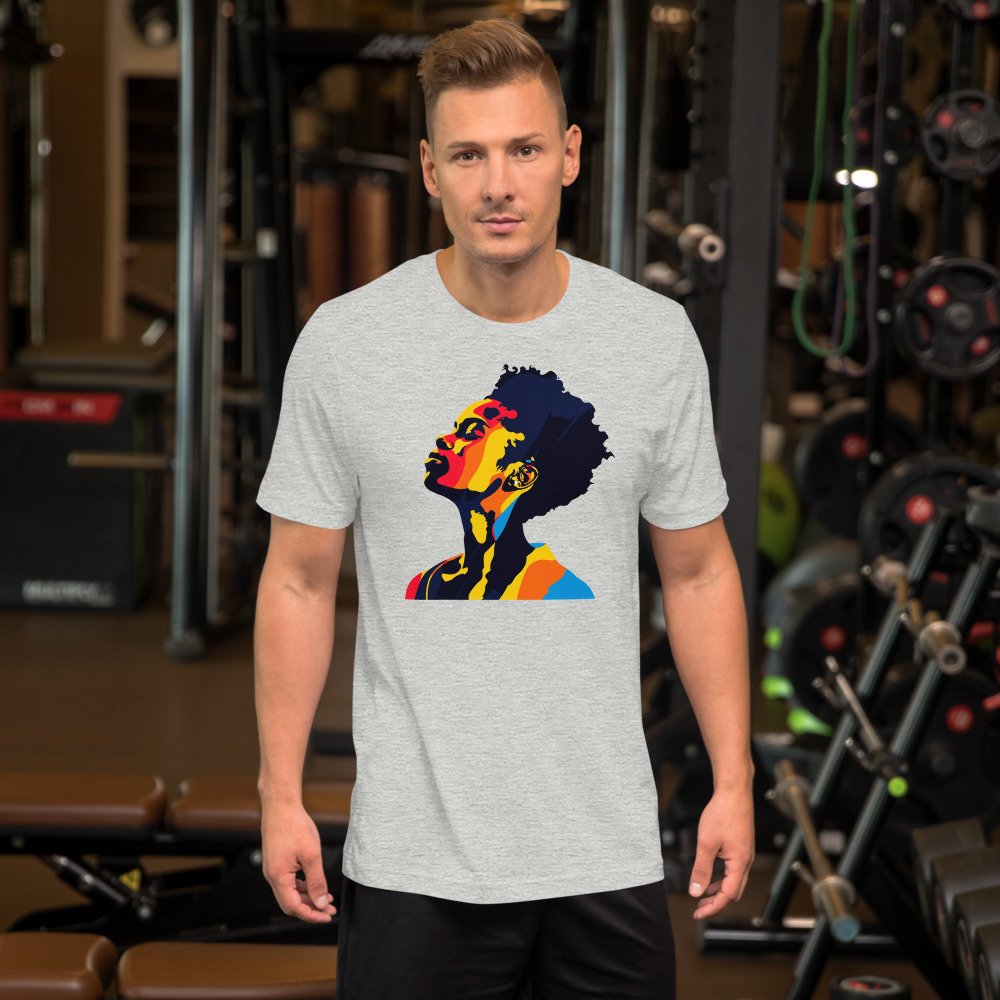Sunrise Silhouette graphic tee, Fitted T in Grey, worn by a man
