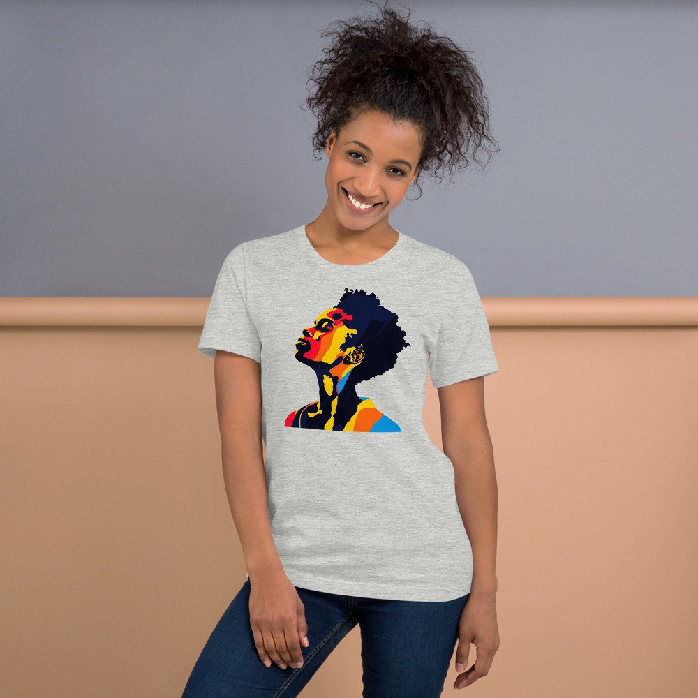 Sunrise Silhouette graphic tee, Fitted T in Grey, worn by a woman