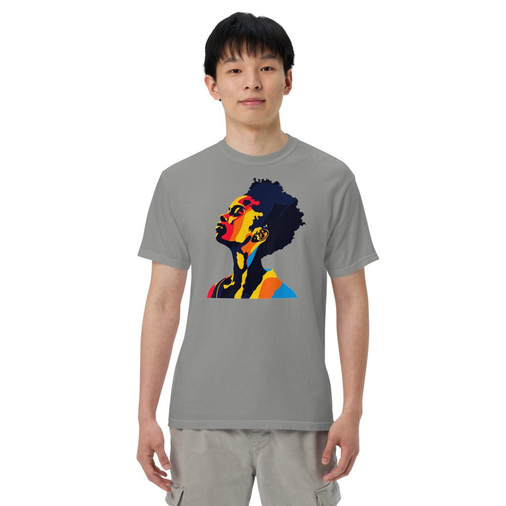 Sunrise Silhouette graphic tee, Heavy T in Grey, worn by a man