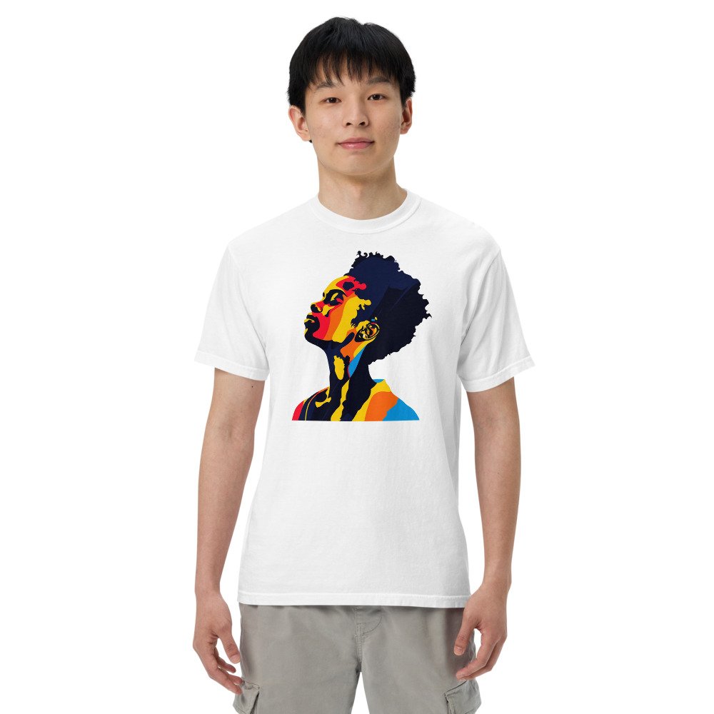 Sunrise Silhouette graphic tee, Heavy T in White, worn by a man