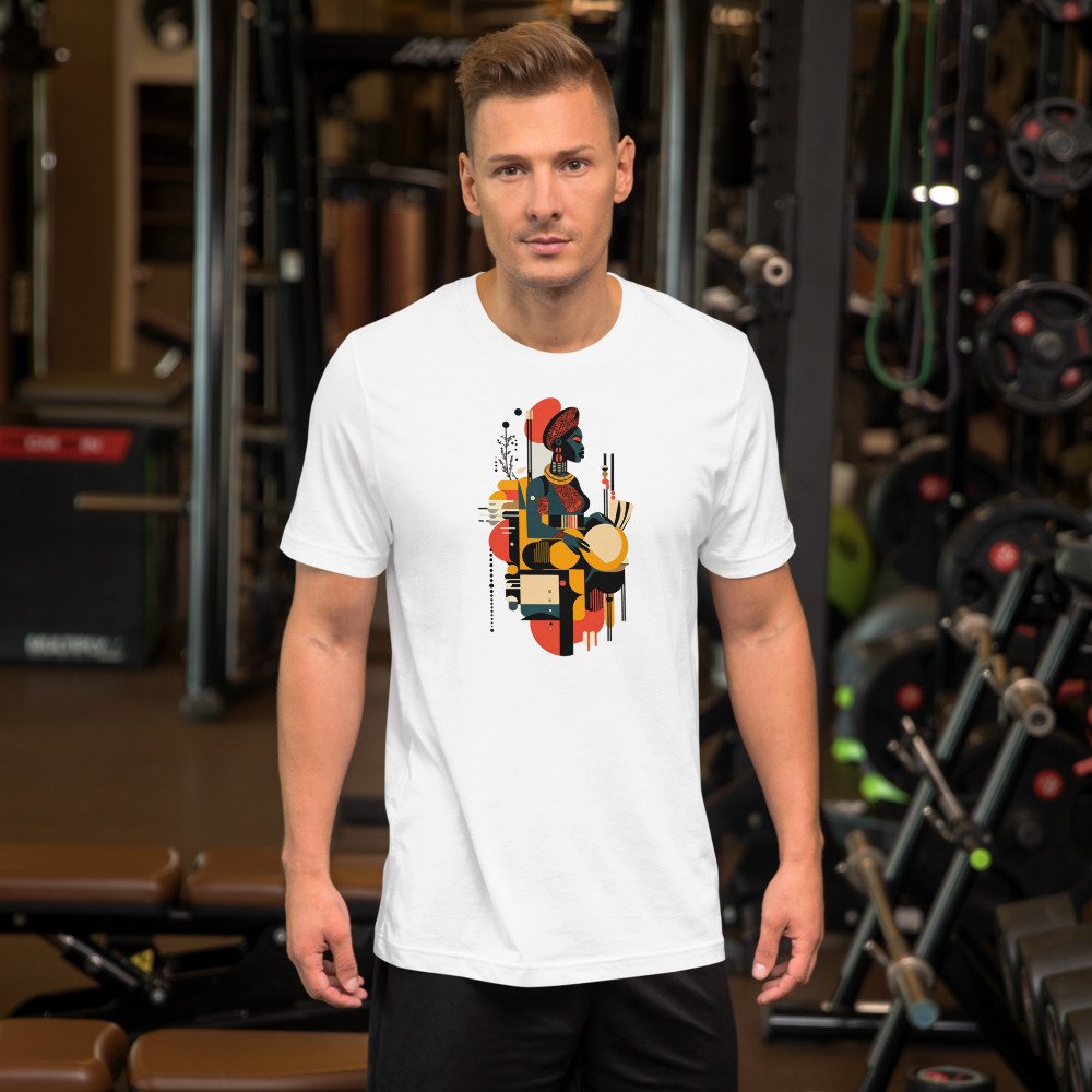 Sunset Drum Muse graphic tee, Fitted T in White, worn by a man
