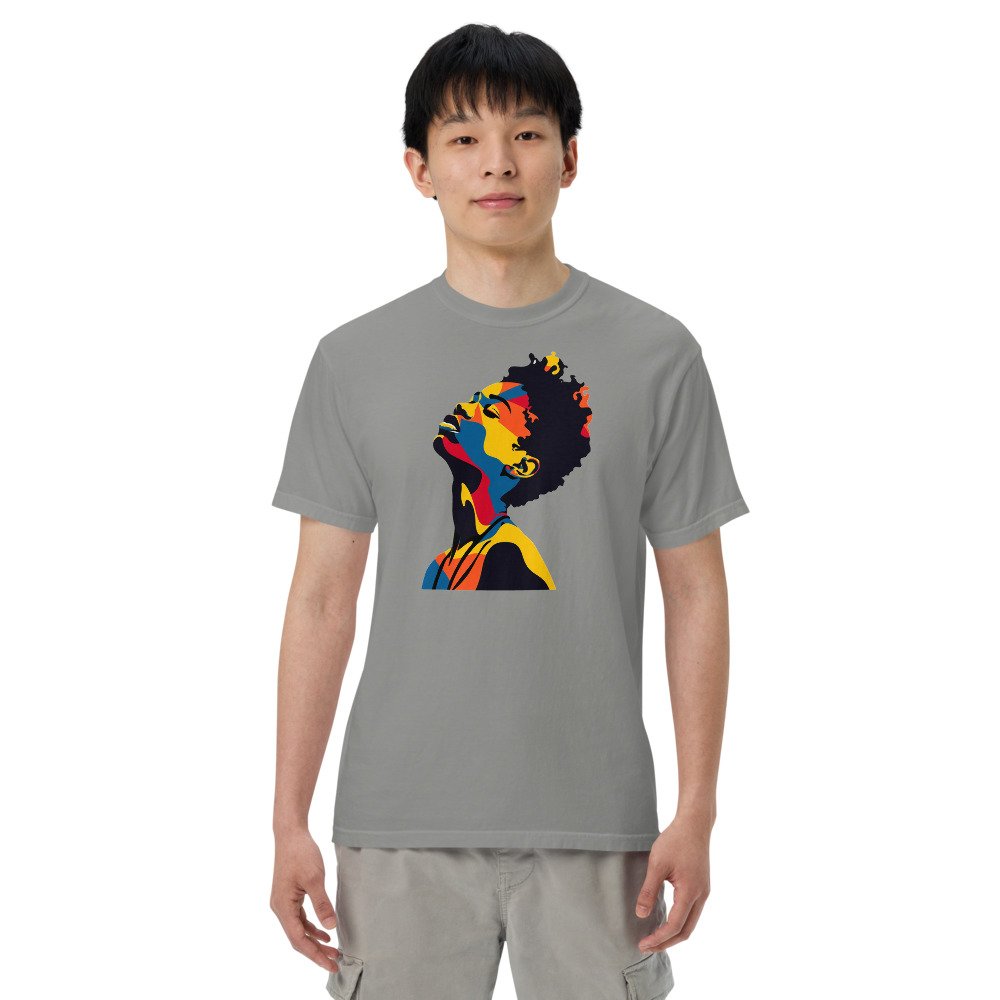 Uplift graphic tee, Heavy T in Grey, worn by a man
