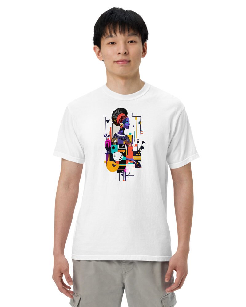 Violet Circuit Queen graphic tee, Heavy T in White, worn by a man